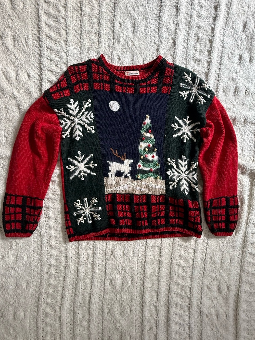 Talbots Blue Red Christmas Sweater Reindeer Snowflake Patchwork Size Medium - Picture 2 of 14